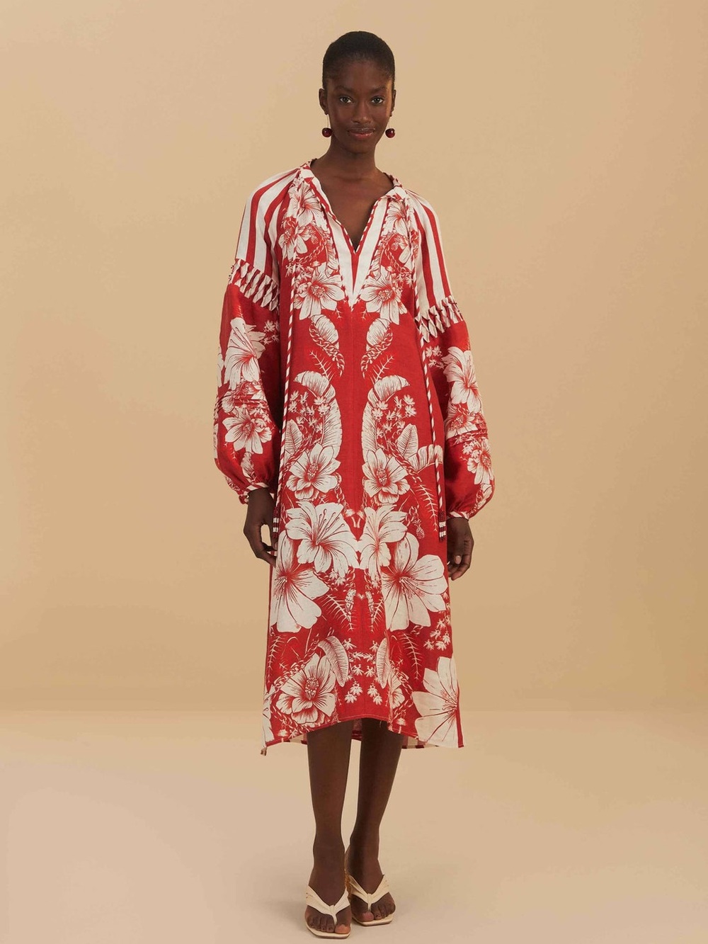 FARM Rio Red and White Floral Midi Dress